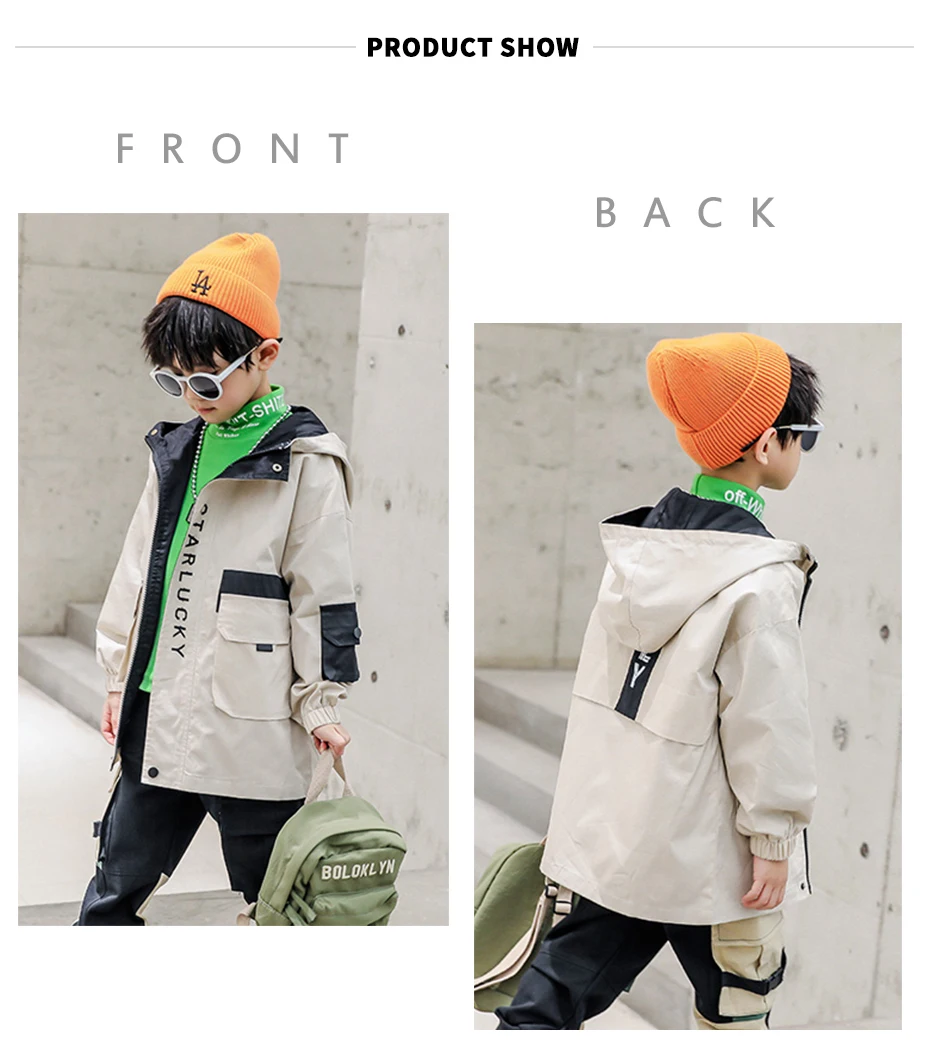 Children's Jacket Letter Print Windbreaker For Boy Long Sleeve Kids Trench Coat Spring Autumn Casual Clothes For Boys Streetwear