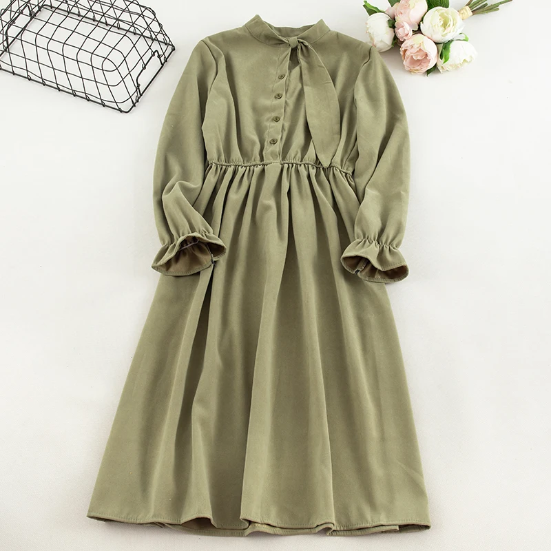 green SINGRAIN, женское длинное платье с бантом, элегантное, Осеннее, французское, романтичное, вечерние, повседневное, с длинными расклешенными рукавами, однотонное, ТРАПЕЦИЕВИДНОЕ, офисное платье - Цвет: green