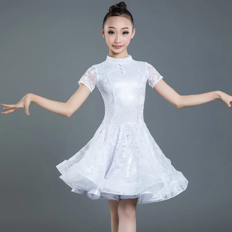 Платье для латинских танцев; кружевное платье с коротким рукавом для соревнований; одежда для выступлений; платья для танцев для девочек; танцевальная одежда для девочек; DN3903 - Цвет: Белый