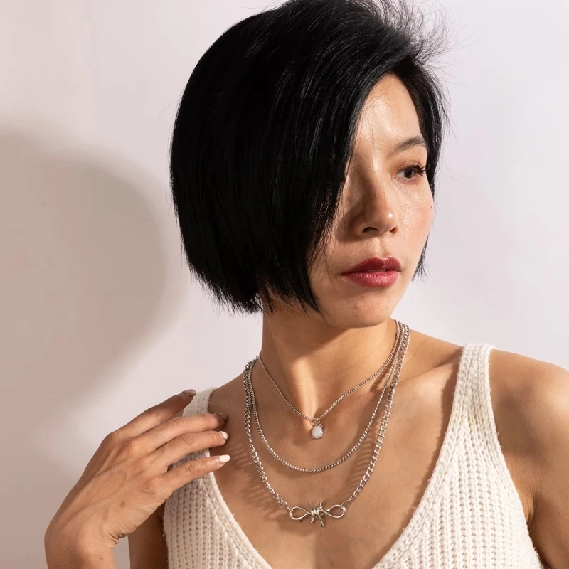 

HuaTang 2021 New Multilayered Silver Color Bow Pendant Necklace for Women Boho Water Drop Opal Clavicle Chain Trendy Jewelry