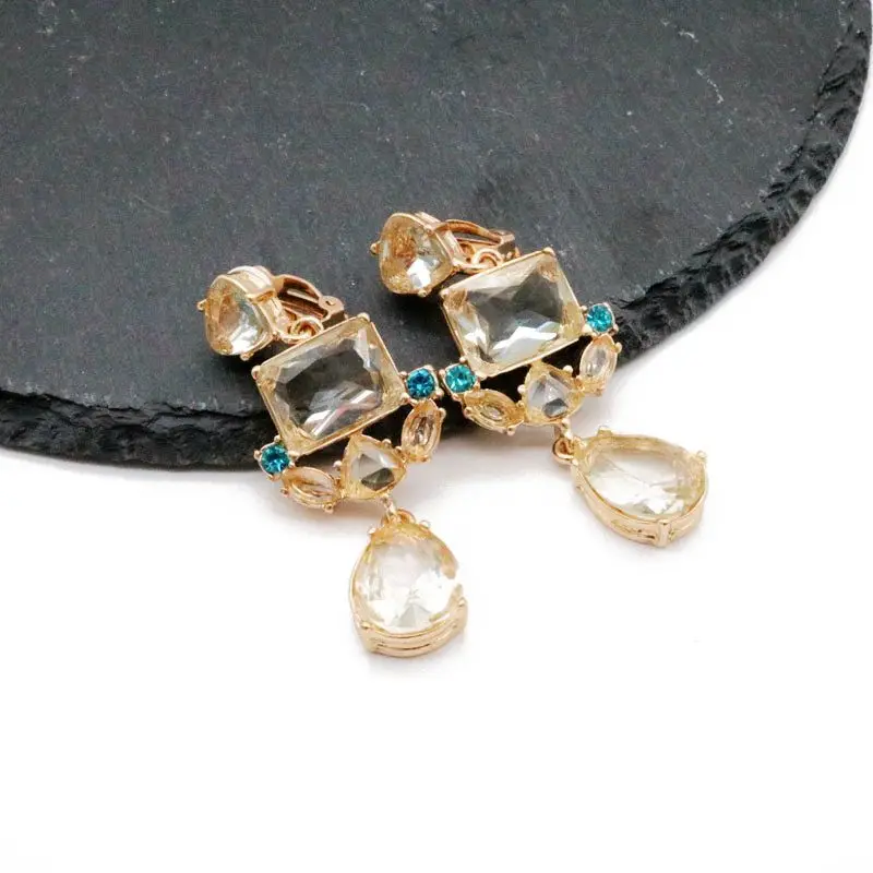 Free Shipping New Elegant Glass Stones Geometric Clip Earrings Statement