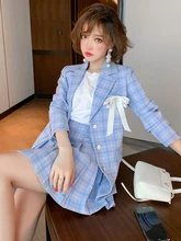 

2021 Spring Fashion 2 Piece Set Women Long Sleeve OL Plaid Jacket Coat+Mini Pleated Skirt Set Ladies Work Wear Clothing Sets