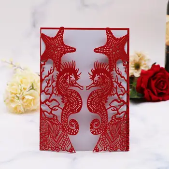 

15pcs/lot Starfish Sea Horse Patterns Hollow Laser Cut Wedding Invitations Card Sandbeach Theme Decoration Party Greeting Card