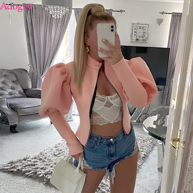 

Adogirl Puff Sleeve Short Jacket for Women Harajuku High Street Turtleneck Zipper Slim Coat 2021 Autumn Casual Outwear