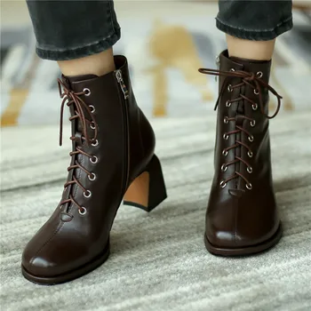 

2020 New Spring Autumn Women Ankle Boots Round Toe All-Match Thick Heel Matin Boots Long Tube Cross-Tied Zip Ladies Shoes 7.5cm