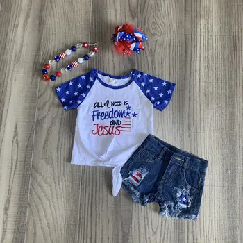 

baby girls July 4th clothes kids summer outfits jeans shorts white stars shirt girls boutique outfits with accessories