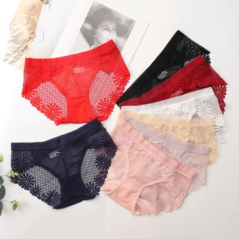 

Ladies Cotton Underwear Lace Comfortable Briefs Transparent Lingerie Seamless Tempting Pretty Panties Mid Waist Intimates