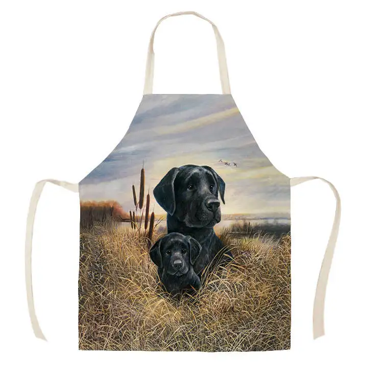 1Pcs Kitchen Apron Sketch black dog Printed Sleeveless Cotton Linen Aprons for Men Women Home Cleaning Tools 55*68cm