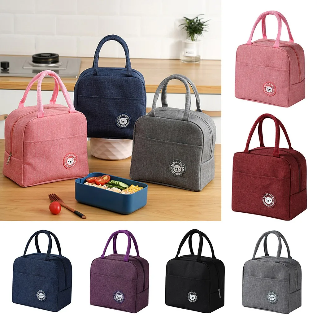 Bolsa de pícnic con aislamiento de impresión de caricatura de oso, funda de transporte de tela Simple, térmica, fría, impermeable, portátil, Bento, para almuerzo