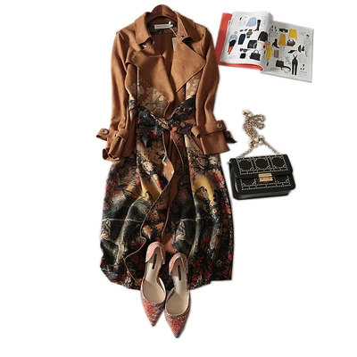 Весеннее Новое Женское пальто Over выше колена Женская ветровка длинный модный Ремень замшевый Тренч с длинными рукавами Женский Плюс Размер - Color: Camel
