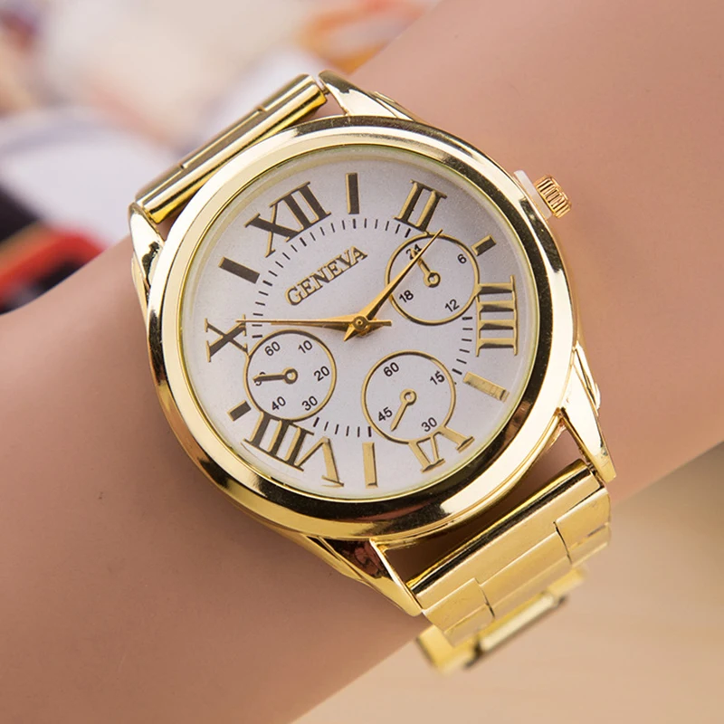 

Fashion Women Watches Stainless Steel Band Analog Quartz Wrist Watch Luxury Gold Three Eyes Roman Numerals Quartz Watch