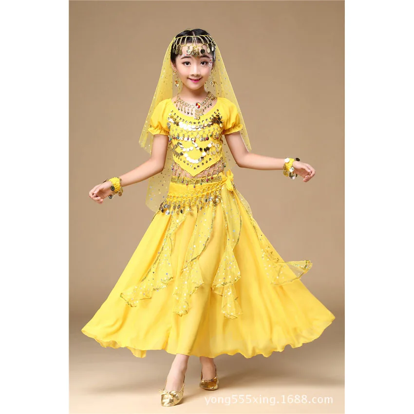 5 Colors Children's Day Belly Dance Stage Performance Baby Girl Kid Suit Oriental Indian Sequin Belly Costume Top Skirt Costume