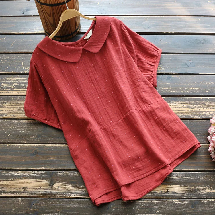 7788 New Summer Women Blouse Japan Style Loose Peter Pan Collar Short Sleeve Tops Casual Pullover Shirts Women 2