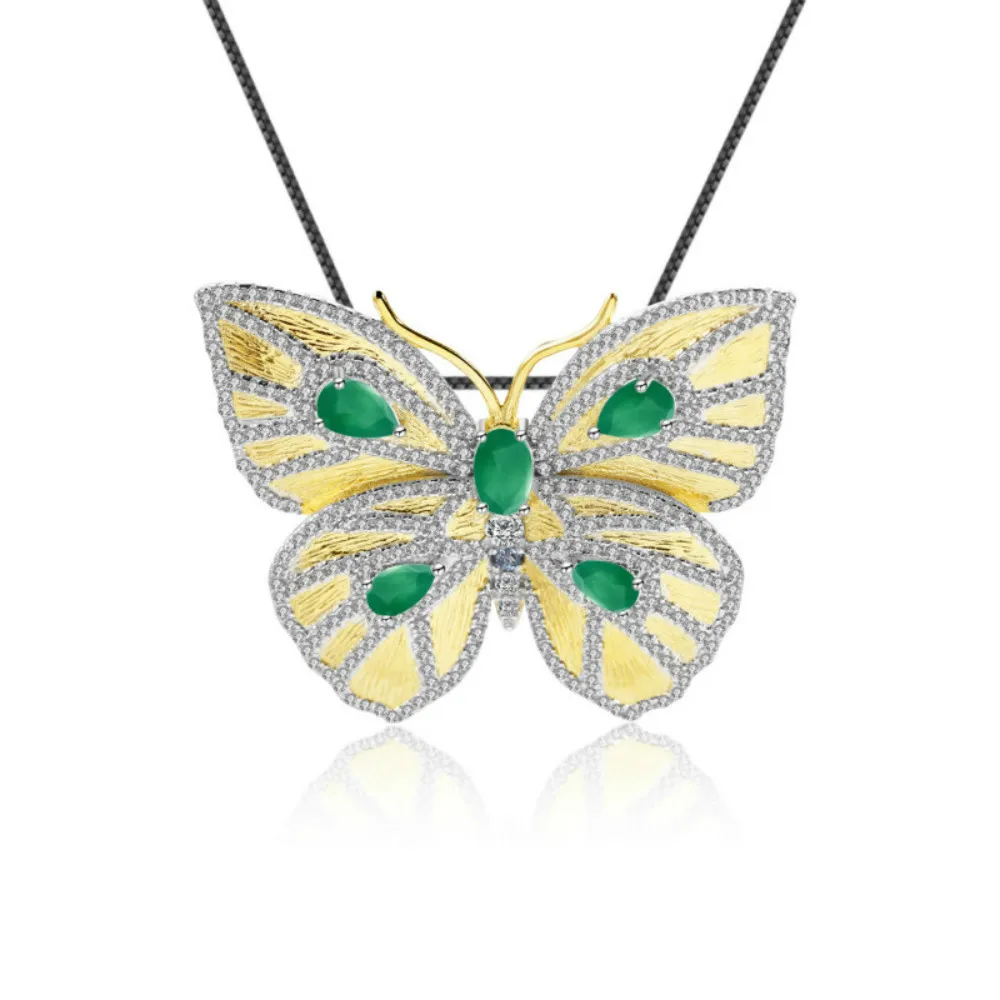 

GEM'S BALLET Natural Green Agate 925 Sterling Silver Gold-plated Butterfly Brooch Pendant Butterfly For Women Fine Jewelry