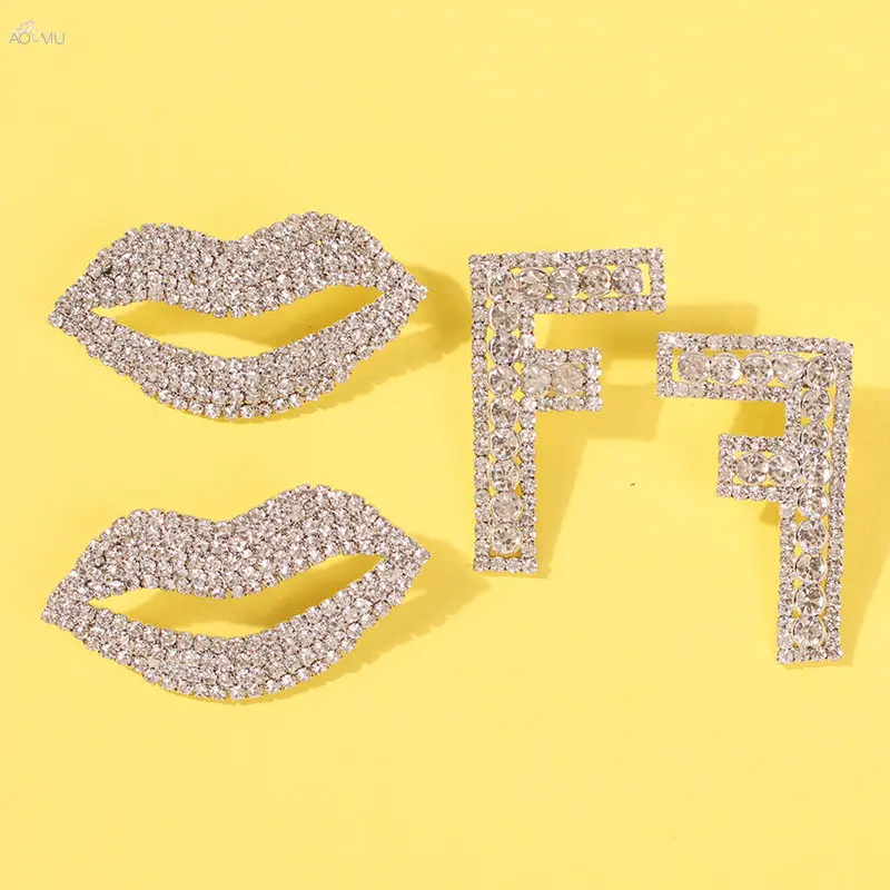 

AOMU Fashion Exaggeration Crystal Rhinestones Stud Earring For Women Geometric Letter F Shape Sexy Lip Trendy Ear Jewelry