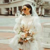 Verngo Vintage Ivory Organza Short Wedding Party Dresses Puff Long Sleeves Tie High Neck Ruffles Beach Wedding Bridal Gowns ► Photo 1/6