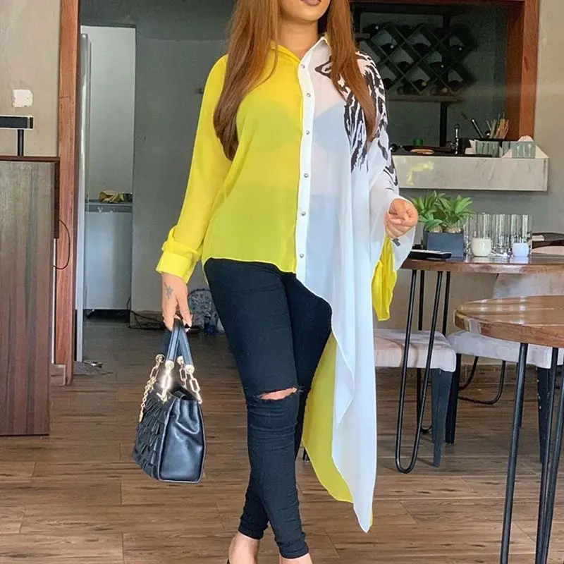 

Ladies Loose Tops Blouse Casual Asymmetric Color Block Long Sleeve Shirt Yellow White Plus Size Sexy Transparent Office Outwear
