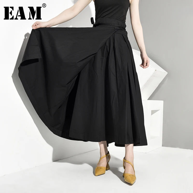 [EAM] High Waist Black Bandage False Two Spliced Loose Half-body Skirt Black Women Fashion Tide New Spring Autumn JR4780