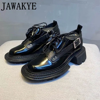 

British Thick sole Casual flat shoes for women Black Leather belt buckle lace up Ladies Shoes luxury Runway Platform Shoes woman