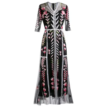 

High End Fashion Black Lace Dresses Women's V-neck Floral Embroidery Sexy Nude Lace Party Dresses