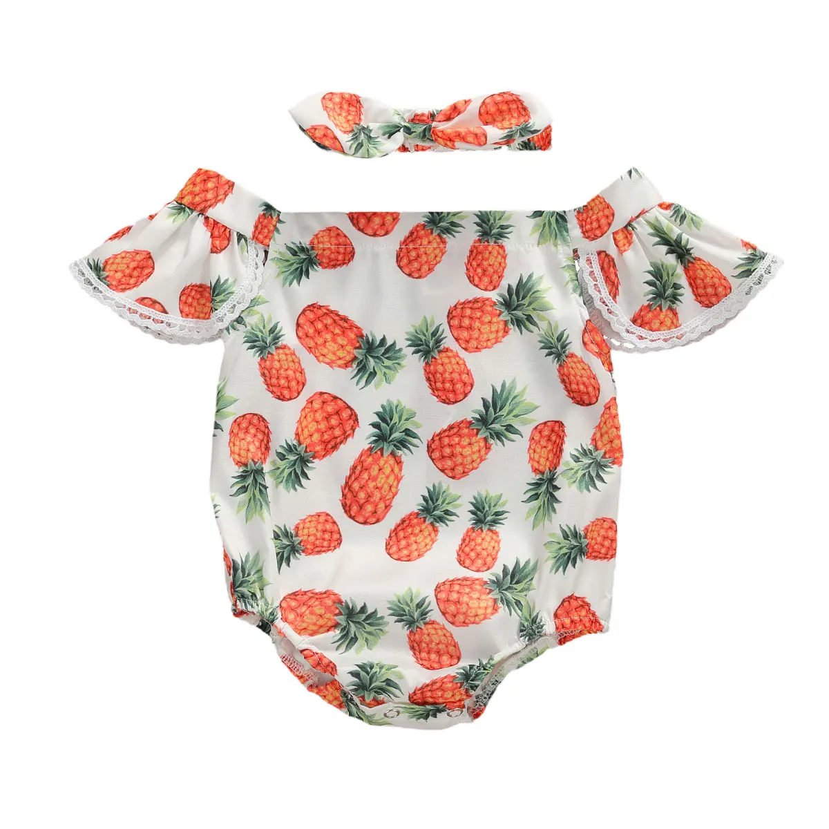 2020 Pineapple Print Lovely Infant Baby Girls Bodysuits Headband 2pcs