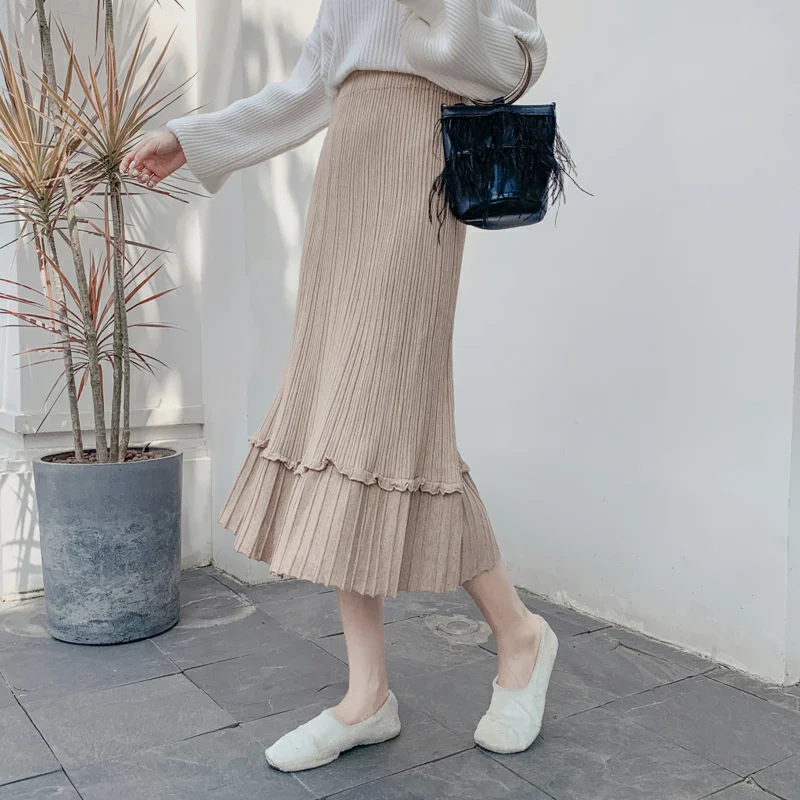 Korean style high waist knitted skirt streetwear autumn long skirt plus size winter long skirts long skirts for women