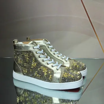 

High Top Lace up Gold Leather Rhinestone diamond Rivets Red bottom Shoes For Men Sneakers leather casual Flat shoes