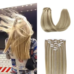 POPUKAR Straight Remy Human Hair Classic Clip In Extensions Light Blonde Hightlight 14-22 Inch 7 Pieces 105 Gram 16 Clips