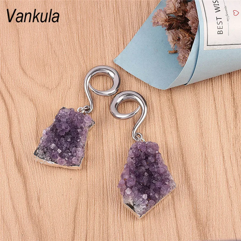 Vankula натуральный камень, фиолетовый Туннель уха вес 316L нержавеющая сталь крючок пирсинг вешалки