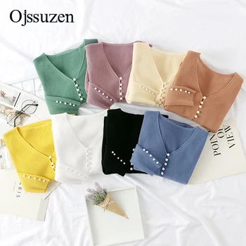 

Autumn Sweater Women Pullovers V Neck With Beading Knitted Sweaters Female Clothing Slim Spring Green White Pink Blue