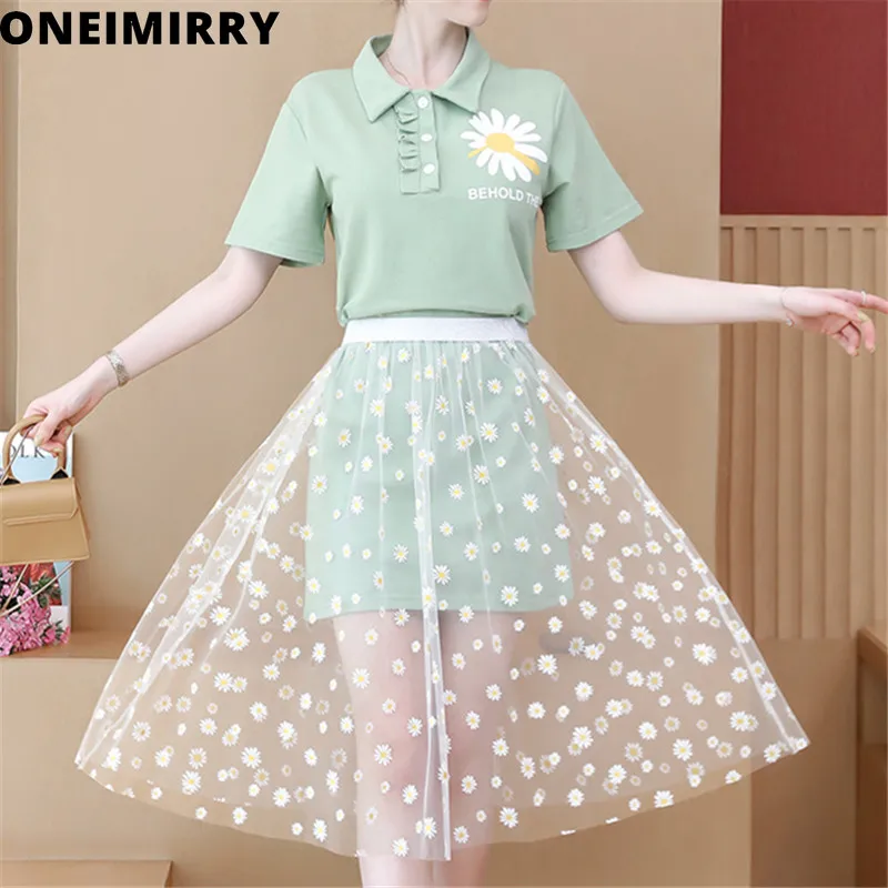 

Women Polo Dress Mesh Patchwork Two Piece Set Hot Sale Daisy Print Short Sleeve Mini Sundress 2020 Fashion Casual Clothes Summer