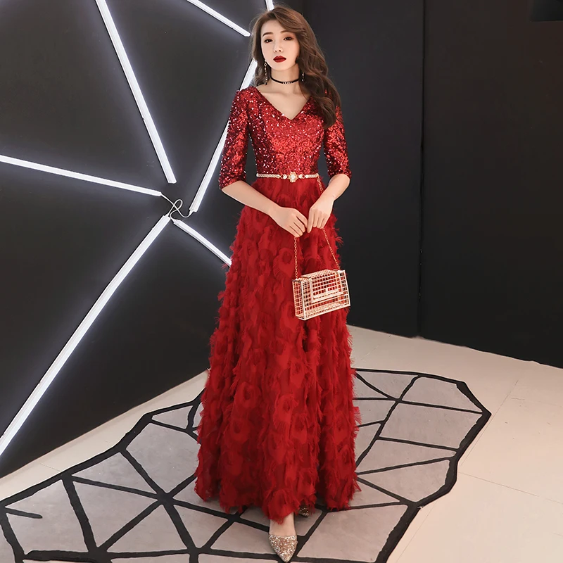 AE599 Robe De Soiree Новые Элегантные трапециевидные кружевные Длинные вечерние платья бордового цвета с v-образным вырезом вечерние платья, расшитые пайетками