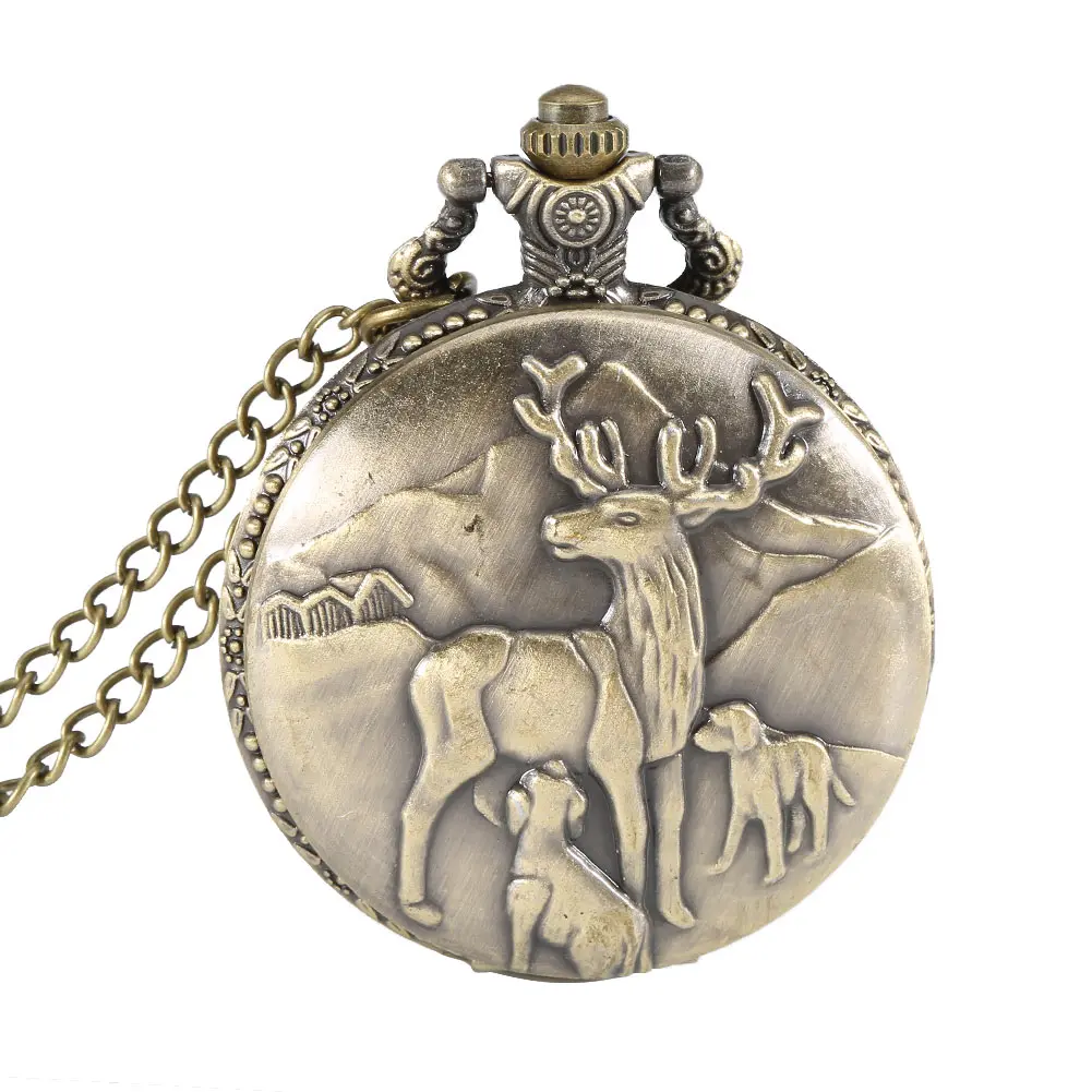 

Vintage Deer Case Quartz Pocket Watch Pendant Necklace Women Men Chain Clock Gifts