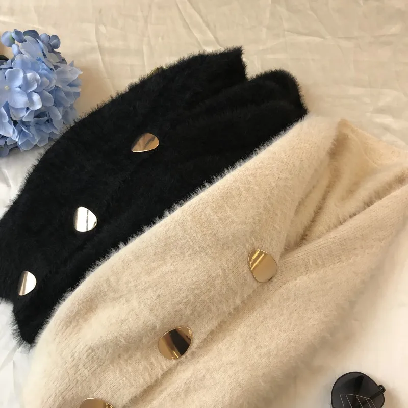 Осенне-зимний вязаный кардиган с v-образным вырезом, имитация кашемировый свитер пальто, ручная вязка, куртка из мохера, длинные меховые пиджаки из искусственного меха