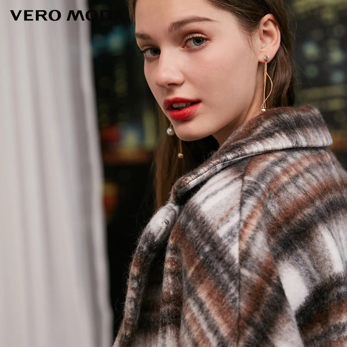 Vero Moda зимнее длинное шерстяное пальто в клетку с воротником с лацканами | 318327507