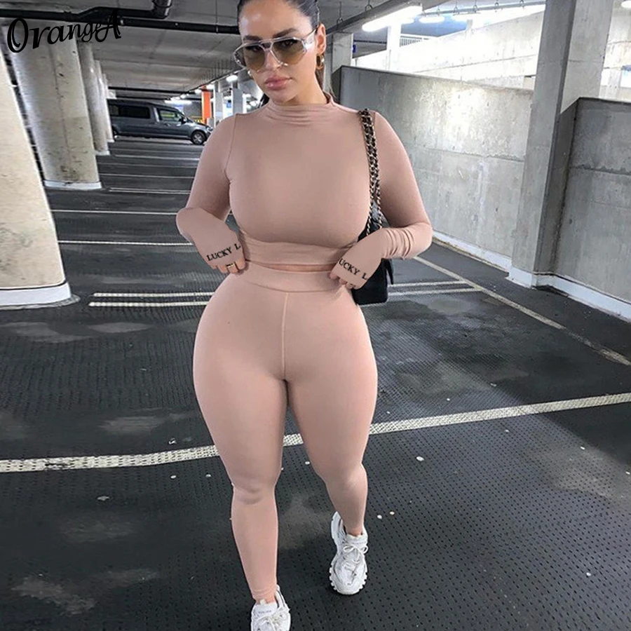 OrangeA-Conjunto de mallas deportivas de manga larga para mujer, Top corto elástico con bordado de marca de la suerte, ropa de calle de Fitness suave e informal