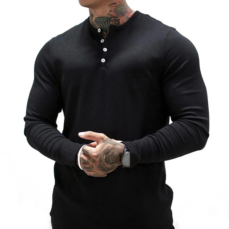 

Men Skinny Long sleeves t shirt Gyms Fitness Bodybuilding Button collar shirts male Jogger workout Sportswear tee tops clothing