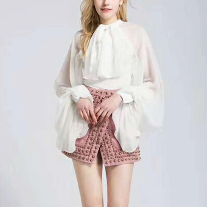 Шифоновая Блузка с бантом, женская рубашка, рукав-фонарик, тюль, прозрачные сексуальные топы, большие размеры,, весна-лето, Повседневная