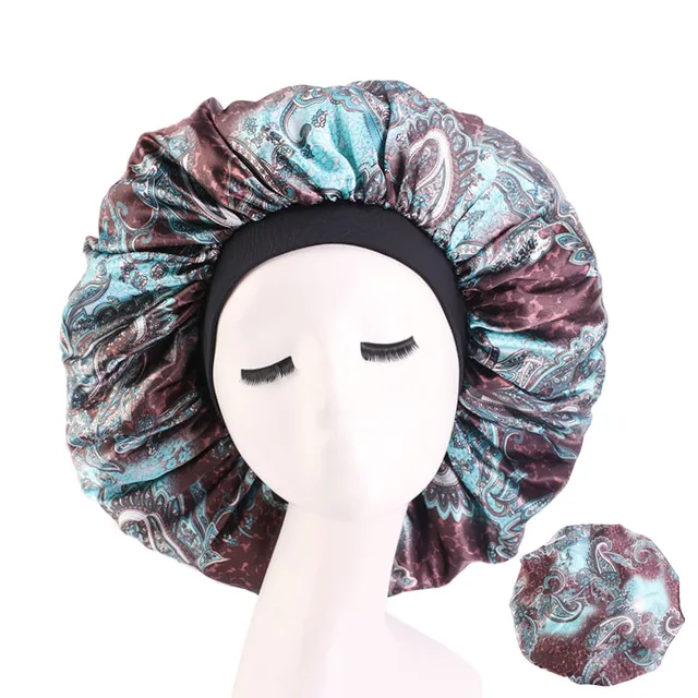 New Women Big Size Beauty print Satin Silky Bonnet Sleep Night Cap Head Cover Bonnet Hat for For Curly Springy Hair Black 408A Coffee green