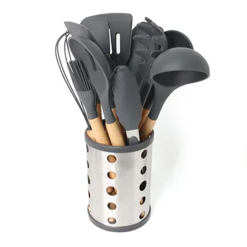 

Silicone Wooden Handle Kitchen Set of 11 Non-stick Shovel Spoon Tool Set Shovel Soup Fishing Spoon Green Cooking Utensils Cook