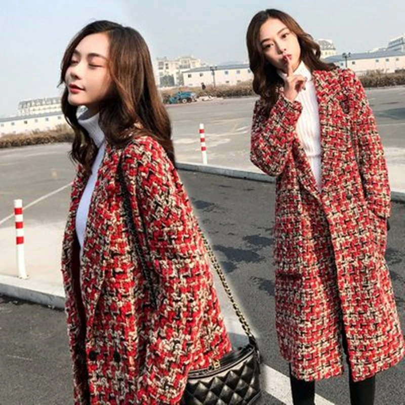 Woolen jacket female autumn winter thick red grid wool Cardigan coats Plus size women clothing warm long Outerwear clothes