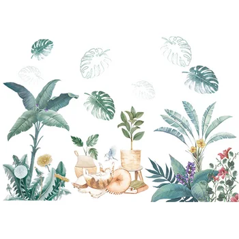 

DIY Home Decor Wall Sticker Hallway Kitchen Cat Pattern Dining Hall Removeable Green Leaves Fresh Style Living Room Waterproof