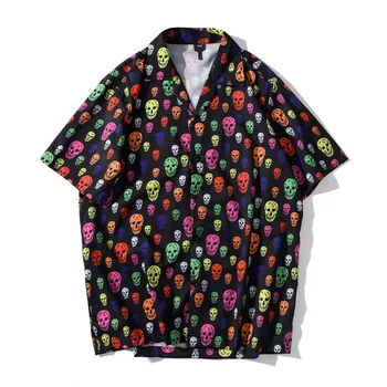 

#3828 Full Kulls Printed Shirt For Men Streetwear Hip Hop Shirt Black Short Sleeve Shirt Loose Lapel Collar Beach Men's Shirts