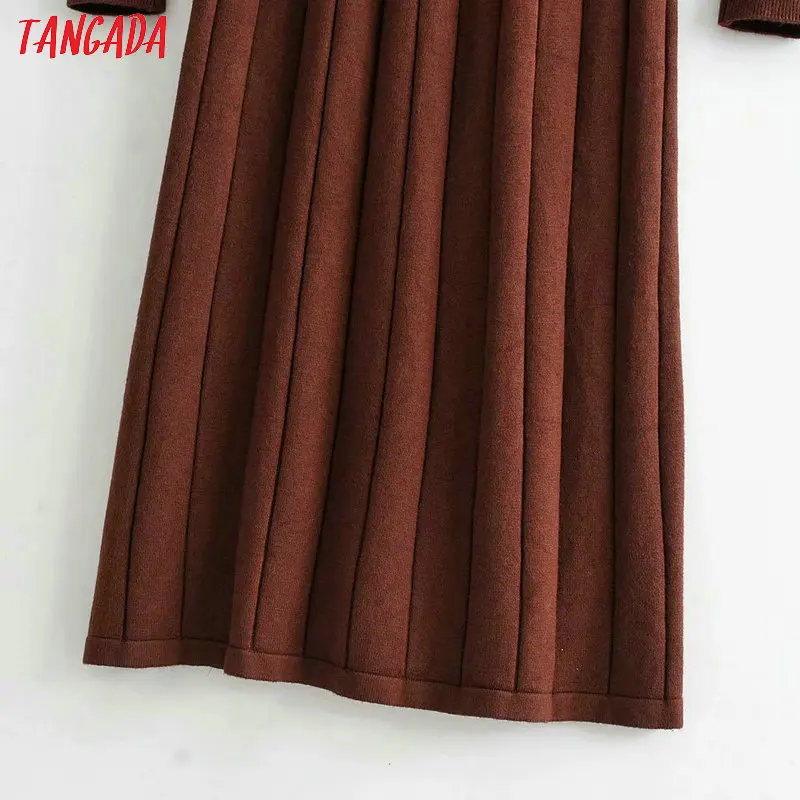Tangada women solid knitted sweater dress elegant long sleeve pleated autumn winter lady big strethy midi dresses 5M01