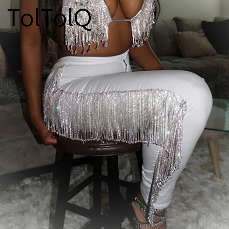 

2019 Pants Pearl Piece Tassels Trousers Pants Women White Sexy Club Wear Side Tassel Sequined Pants Women