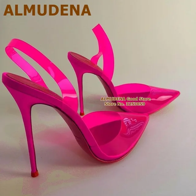 ALMUDENA Clear Fuchsia Pink PVC High Heel Shoes Stiletto Heel Pointed Toe Transparent Wedding Pumps Designer Banquet Footwear 1