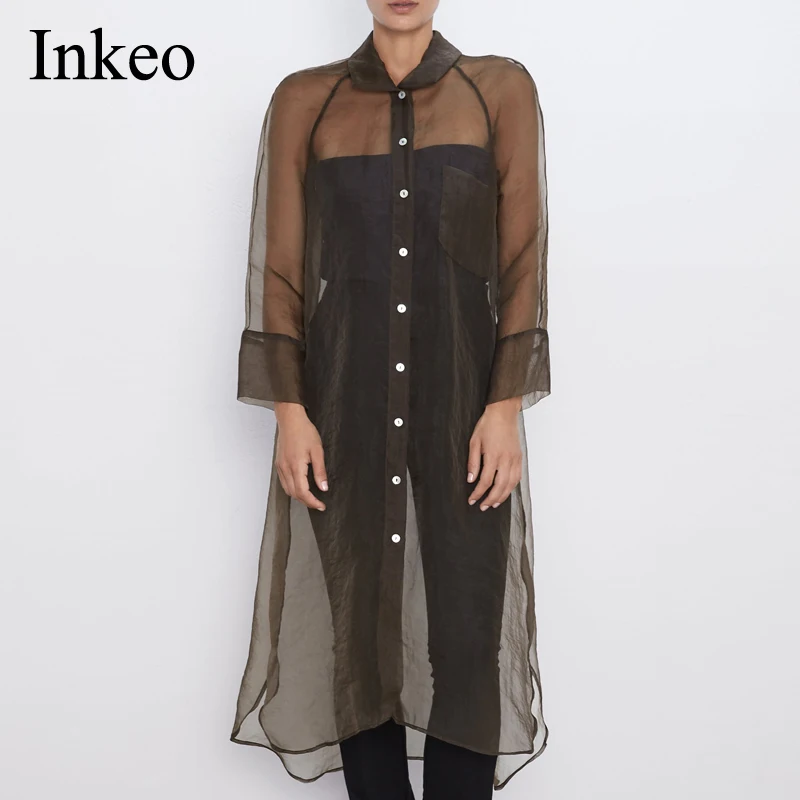 

Single breasted Women Long Blouse Sexy semi-sheer Organza Female shirts 2019 Autumn Fashion asymmetric hem Tops INKEO 9T013