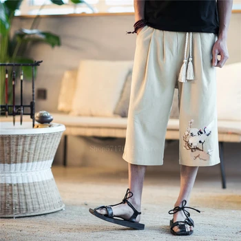 

Japanese Harajuku Style Pants Male Casual Trousers Loose Embroidery Streetwear Plus Size Men Chinese Retro Linen Capri