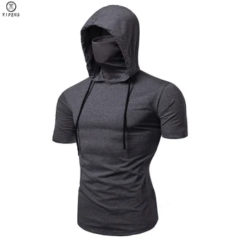 Fashion Short-Sleeved Mask Hooded Tops Men Casual Elastic Solid Fitness Hip Hop Slim Fit Male top tees Streetwear M-3XL 1