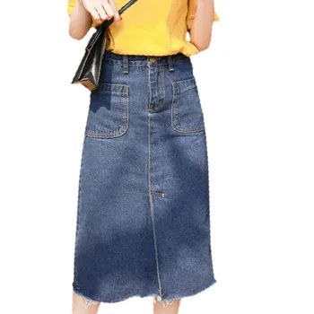 

Jeans Skirt Women Streetwear Irregular Solid A-Line High Waist Pockets Woman Skirts Slim Summer Female Long Skirt